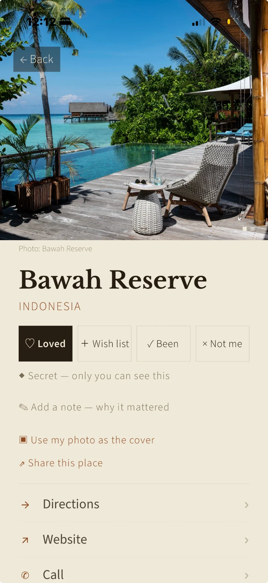 A place page in Rucks: Bawah Reserve, Indonesia, marked Loved, with Wish list, Been and Not me beside it, a note field, and Directions, Website and Call below